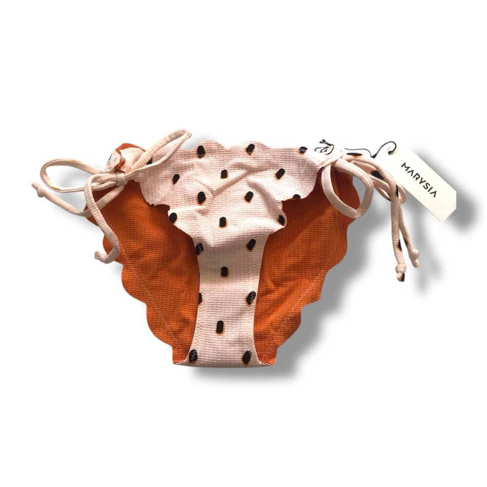 Marysia Swim Mott Scalloped Tie Side Bikini Bottom Pink Black Dots NWT Size XS